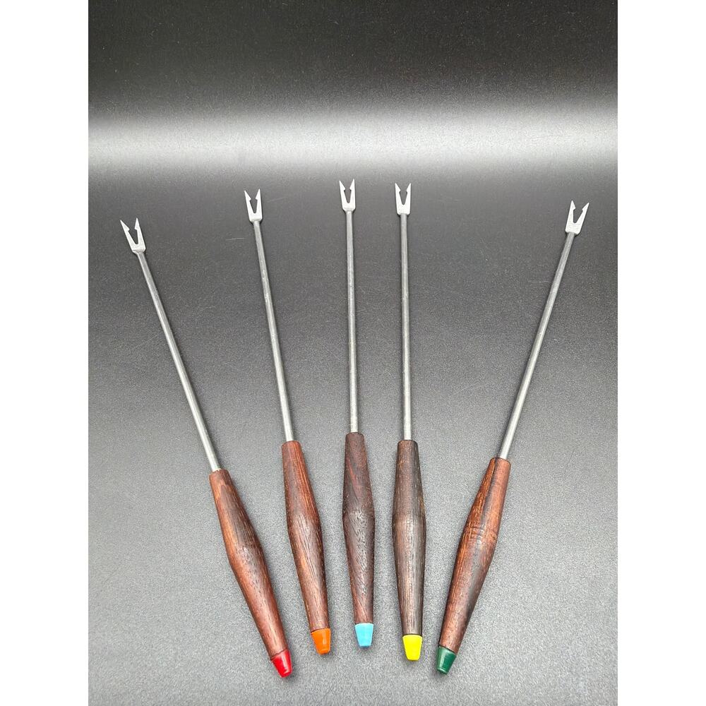 Vintage Teak Fondue Fork Set 6 Piece Color Tips Mid Century Modern MCM Japan